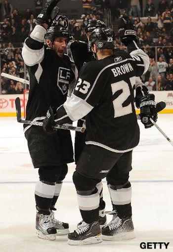 The Los Angeles Kings celebrate a third period goal against the New York Rangers on February 2, 2010 at Staples Center in Los Angeles, California. (Photo by Andrew D. Bernstein/NHLI via Getty Images)