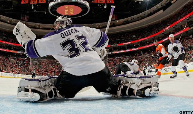 Jonathan Quick #32 of the Los Angeles Kings makes a glove save against the Philadelphia Flyers on February 13, 2011 at the Wells Fargo Center in Philadelphia, Pennsylvania. The Kings would go on to defeat the Flyers 1-0. (Photo by Len Redkoles/NHLI via Getty Images)
