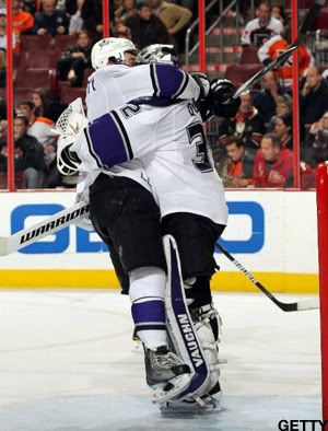 Drew Doughty #8 of the Los Angeles Kings celebrates with Jonathan Quick #32 after defeating the Philadelphia Flyers 1-0 on February 13, 2011 at the Wells Fargo Center in Philadelphia, Pennsylvania. (Photo by Len Redkoles/NHLI via Getty Images)