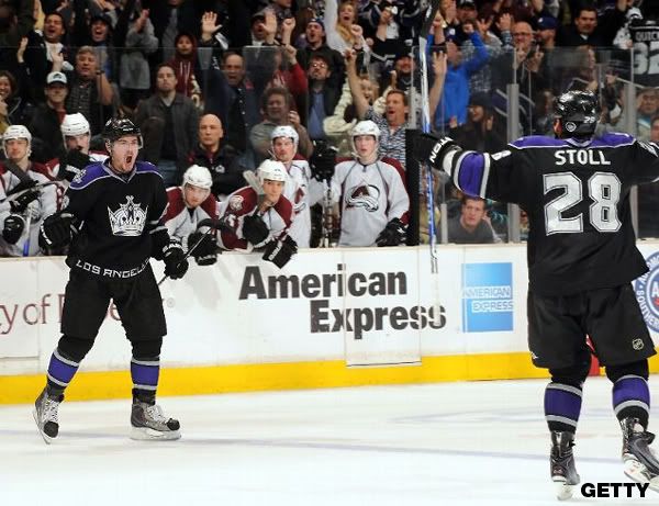 Drew Doughty #8 of the Los Angeles Kings reacts after scoring the game winning goal in overtime against the Colorado Avalanche on March 22, 2010 at Staples Center in Los Angeles, California. (Photo by Noah Graham/NHLI via Getty Images)