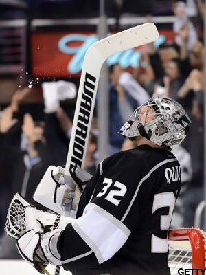 Jonathan Quick #32 of the Los Angeles Kings reacts to a goal by Dustin Brown #23 for a 3-1 lead during the last minute of the third period in Game Four of the Western Conference Semifinals during the 2012 NHL Stanley Cup Playoffs at Staples Center on May 6, 2012 in Los Angeles, California. (Photo by Harry How/Getty Images)