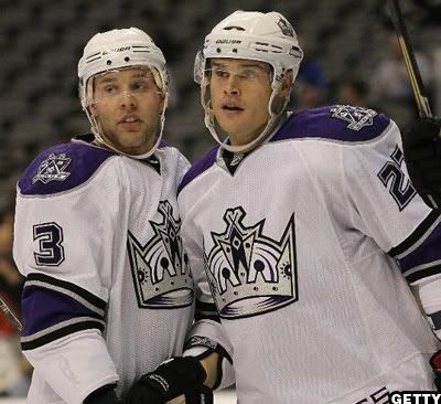 Jack Johnson #3 and Alexei Ponikarovsky #27 of the Los Angeles Kings celebrate a goal against the Dalllas Stars at American Airlines Center on October 28, 2010 in Dallas, Texas. (Photo by Ronald Martinez/Getty Images)