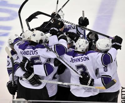 The Los Angeles Kings celebrate after defeating the Vancouver Canucks 3-2- in overtime in Game Two of the Western Conference Quarterfinals during the 2010 NHL Stanley Cup Playoffs on April 17, 2010 at General Motors Place in Vancouver, British Columbia, Canada. (Photo by Rich Lam/Getty Images)